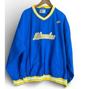 Nike Brewers Cooperstown Collection Blue and Yellow V-Neck Windbreaker